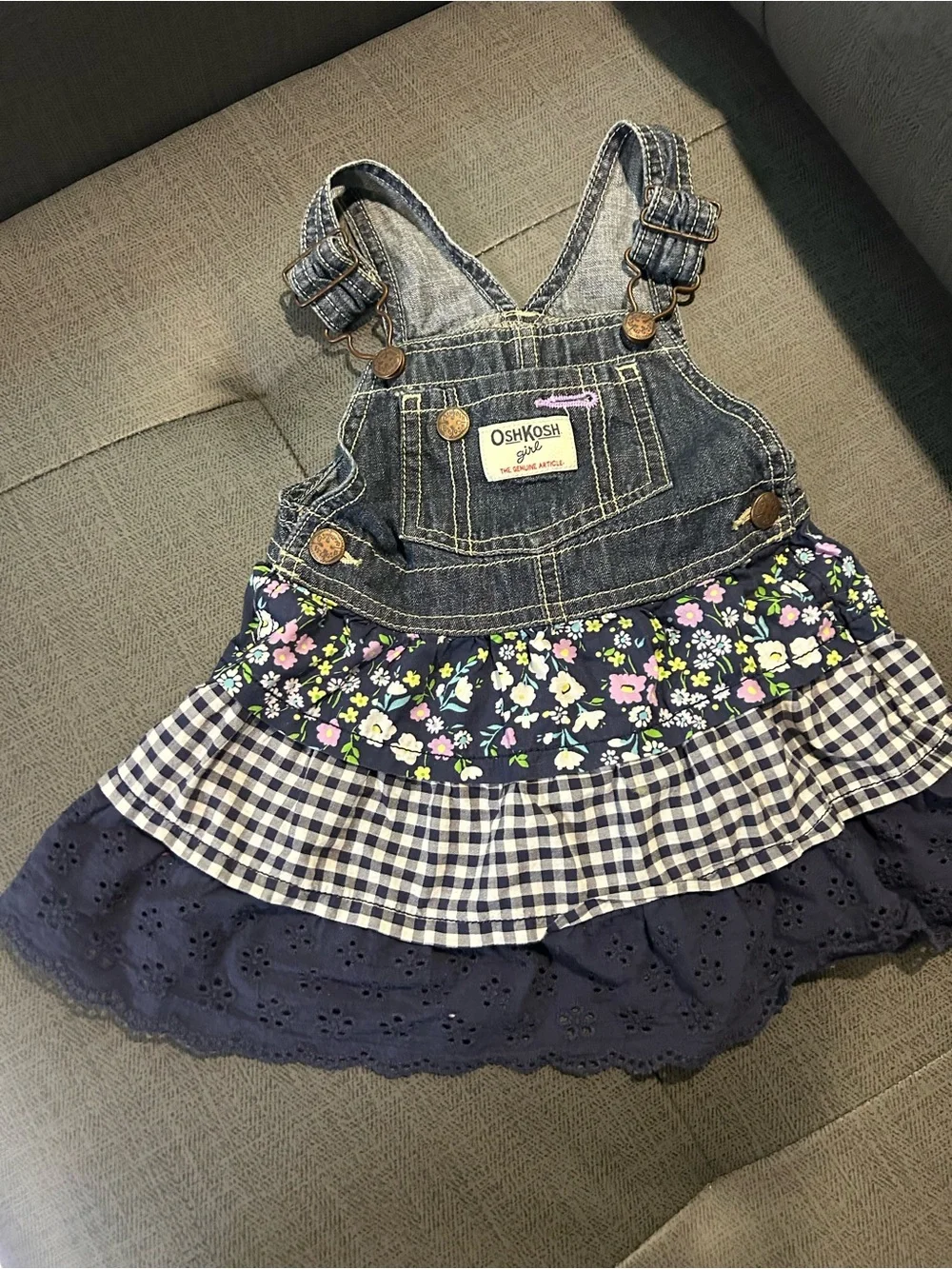 OshKosh B'gosh Navy Denim Floral & Gingham Tiered Overall Dress